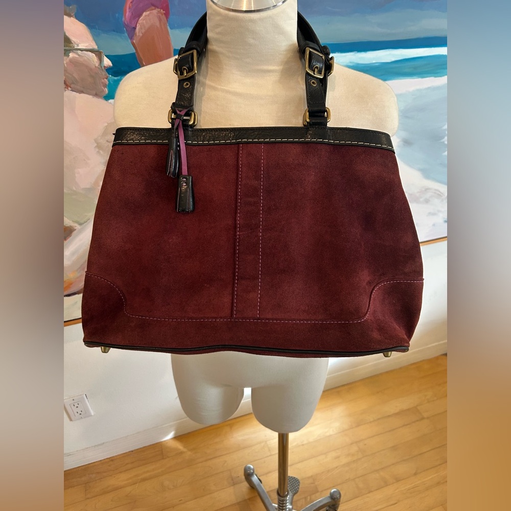 COACH Hampton Brass-Accented Burgundy Hampton Suede Leather Shoulder Bag